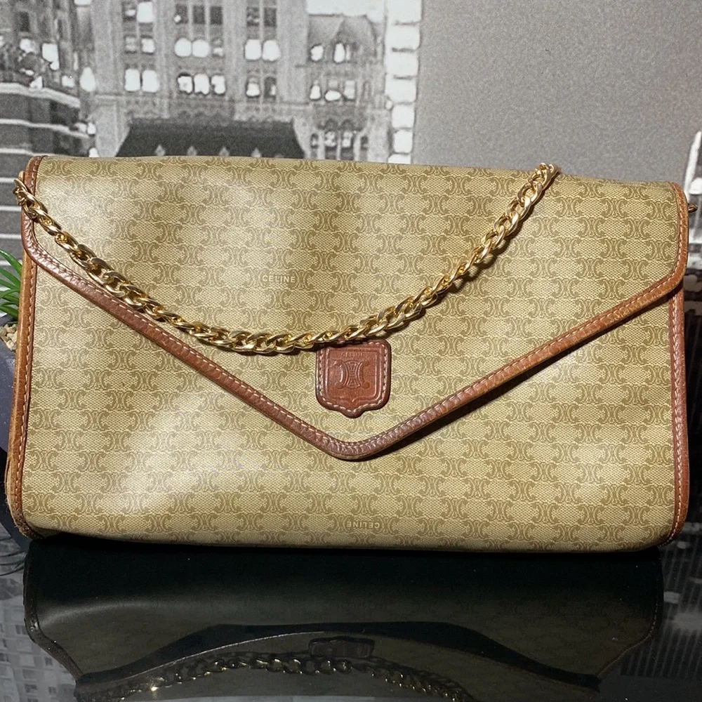 Celine Tan and Brown Chain Shoulder Bag - Picture 2 of 10